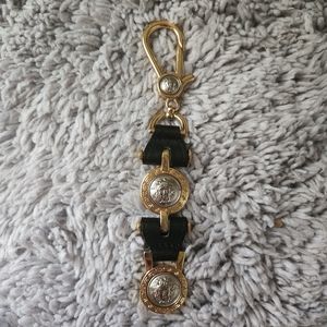 Vintage Gold Black Coin Medallion Mixed Metals Leather Keychain Medusa Head